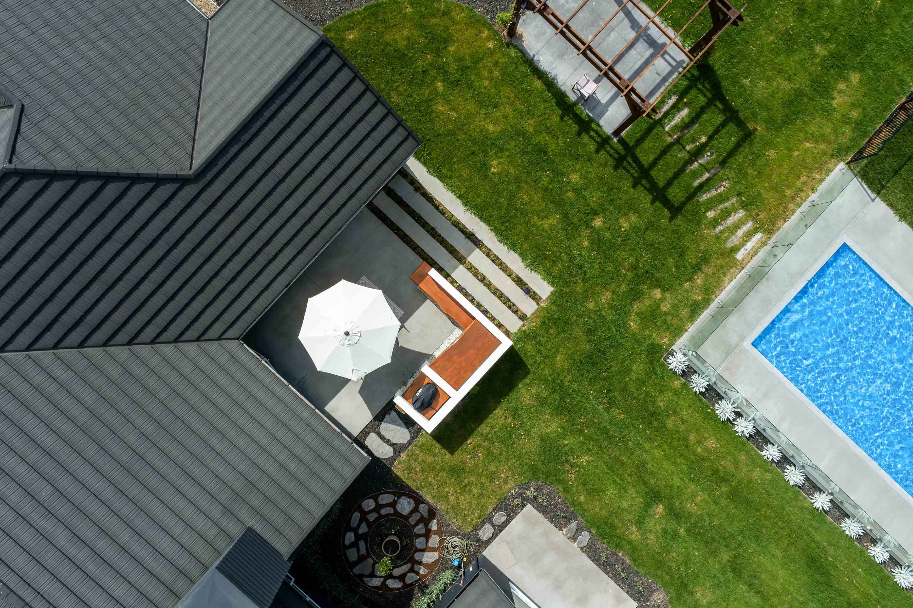 Shake, Charcoal, Residential, New Build, New Roof, Aerial shot with pool